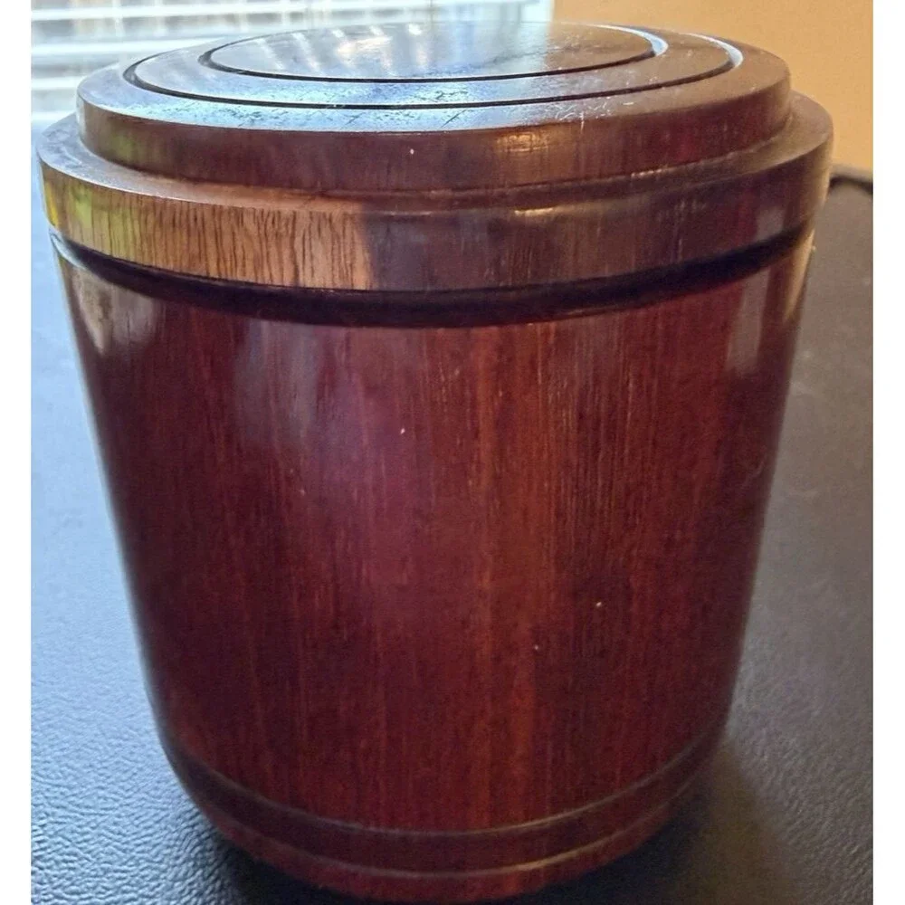 Vintage Wood Coaster Set of 5 Lidded Barrel Holder Rustic Cabin Barware Decor